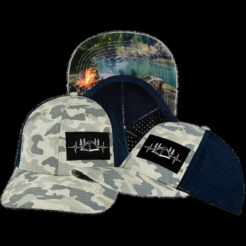 The Heartbeat Brand Camp Flat Bill Laser Mesh Hat in Grey and Camo