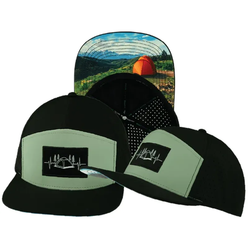 The Heartbeat Brand Camp Flat Bill Laser Mesh Hat in Black and Sage