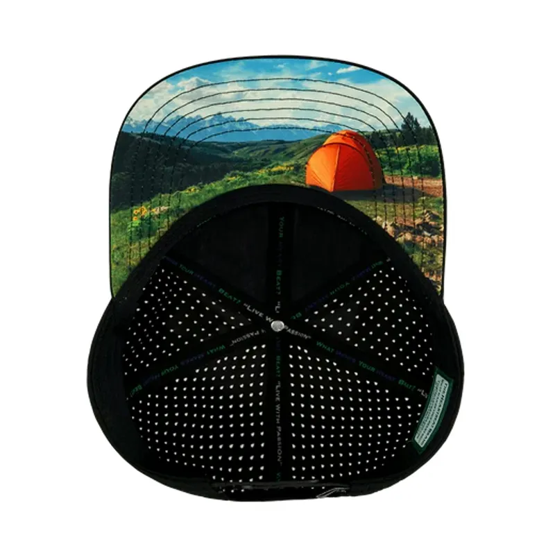 The Heartbeat Brand Camp Flat Bill Laser Mesh Hat in Black and Sage-3