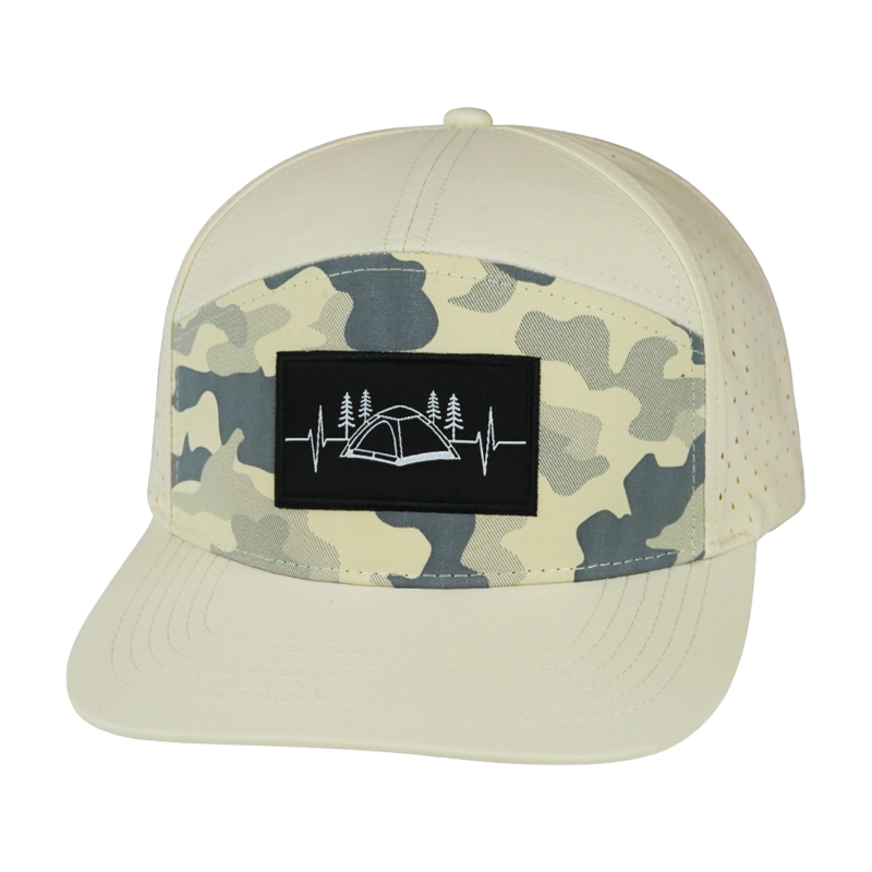 The Heartbeat Brand Camp Flat Bill Laser Mesh Hat in Cream and Camo-1