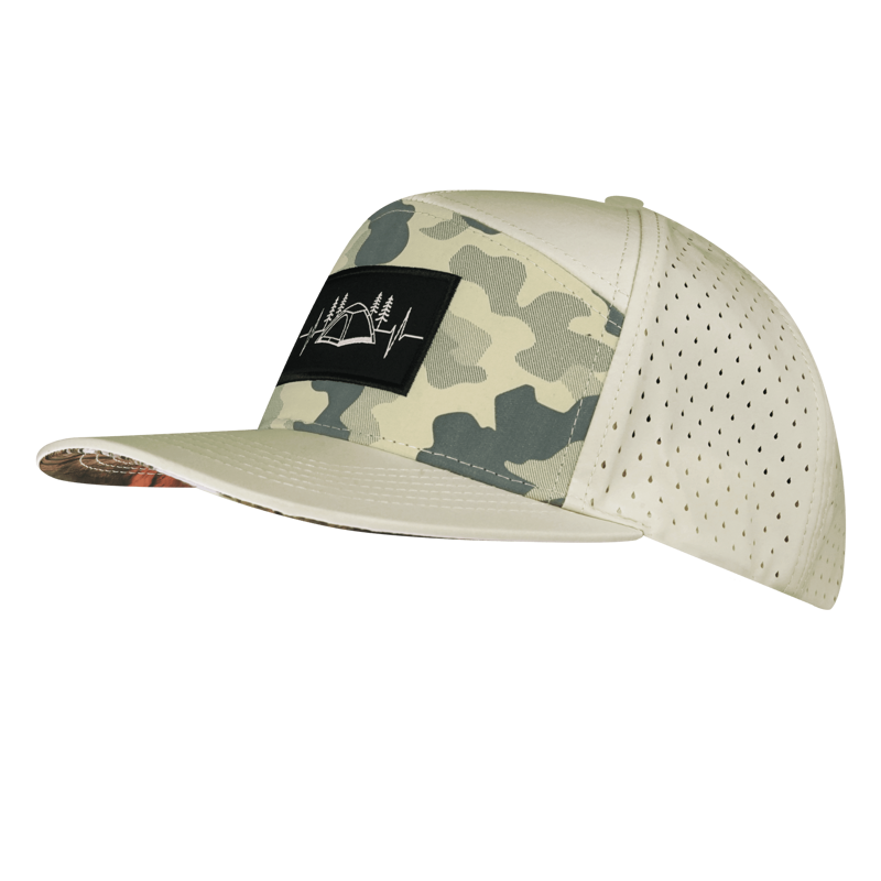 The Heartbeat Brand Camp Flat Bill Laser Mesh Hat in Cream and Camo-2